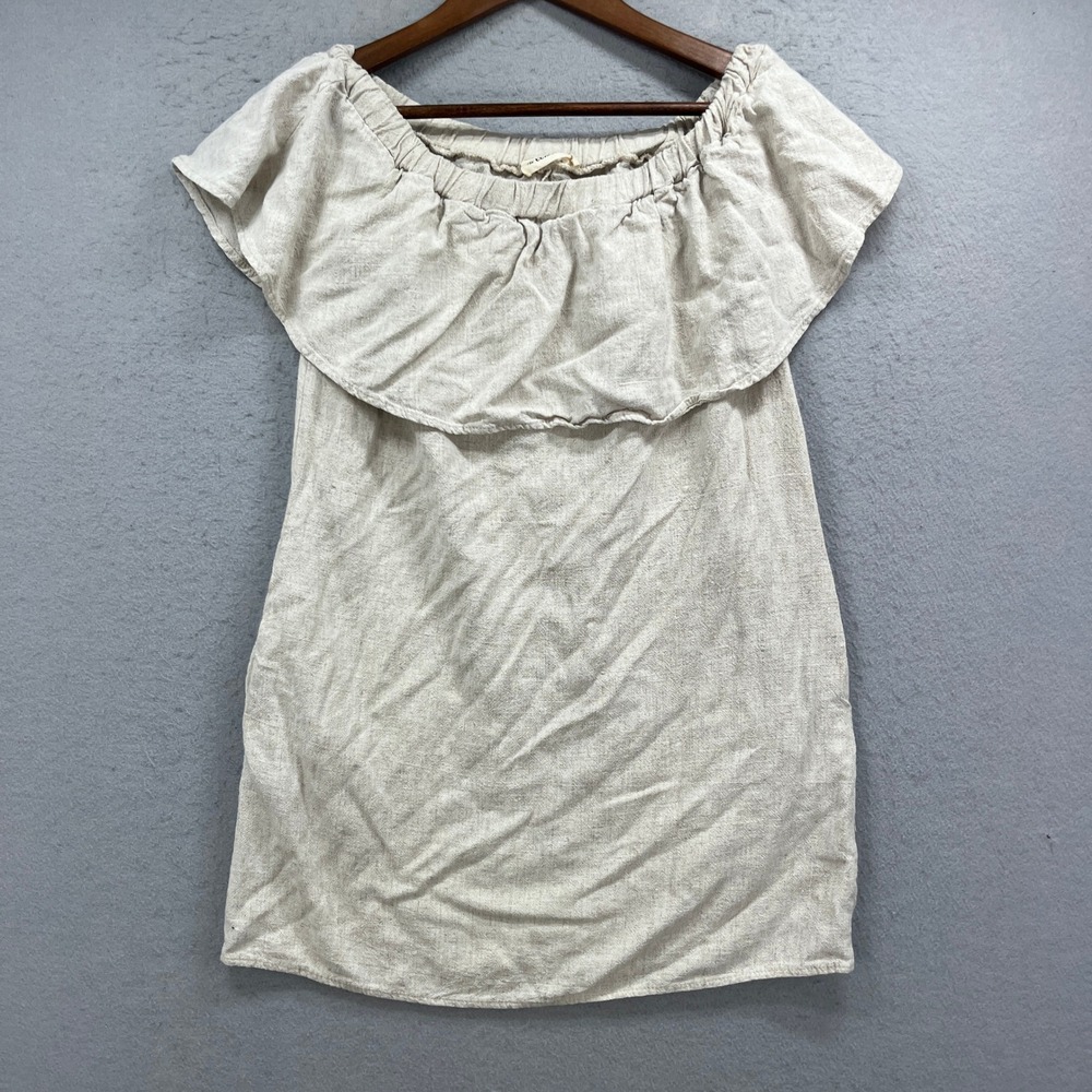 ee:some Dress Womens S Beige Linen Ruffle Off Shoulder Mini Shift Boho Resort